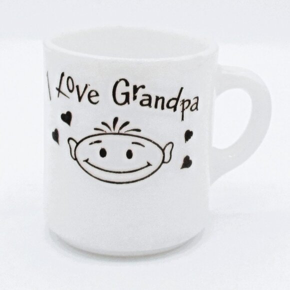 Vintage Hazel Atlas Milk Glass Mug I Love Grandpa White brown with Boy - Picture 1 of 5